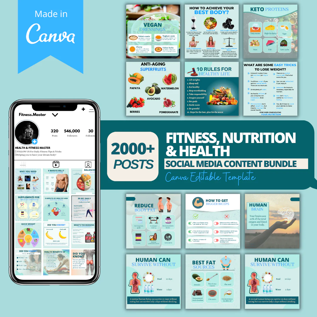 200+ Fitness, Nutrition & Health Bundle - Social Media Templates